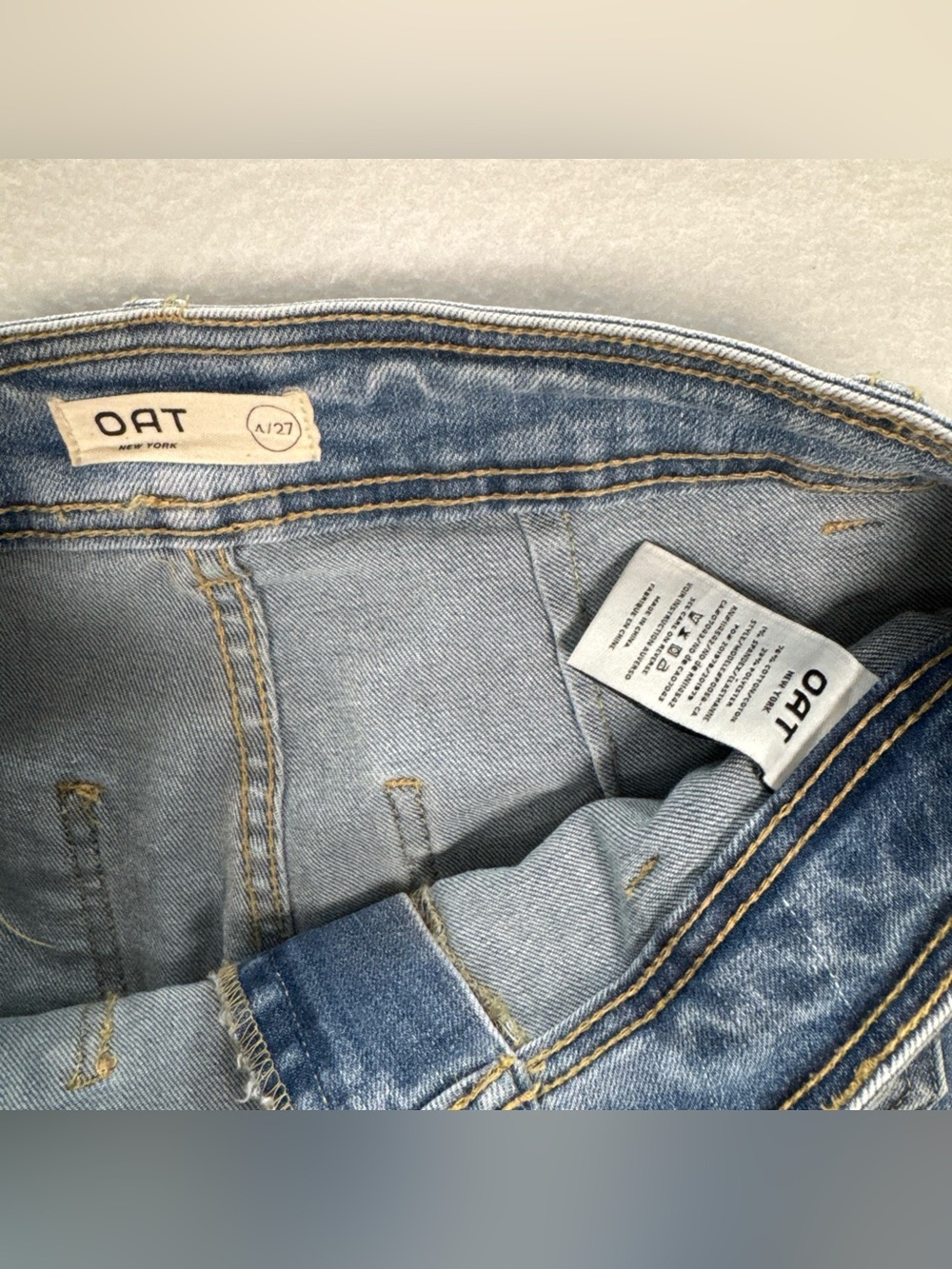 OAT New York Wide Leg Jeans Light Wash Raw Hem Patch Pockets Blue Size 4/27 - Picture 7 of 8